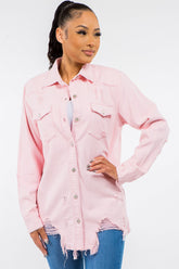 Trendy American Bazi Frayed Hem Distressed Denim Jacket for Women